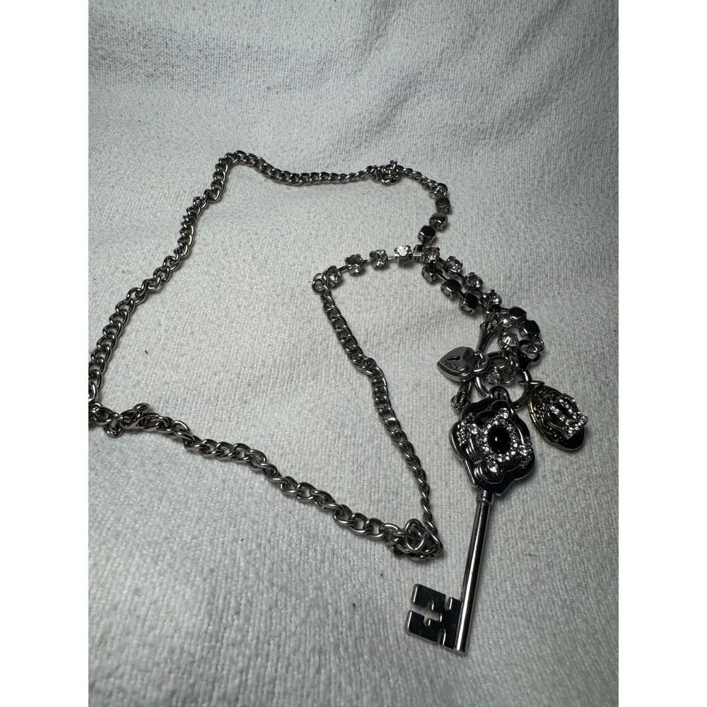 Juicy Couture Silver Tone Key Pendant Crown Locket Rhinestone Charm Necklace